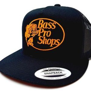 Fishing Bass Pro Shops Flat Bill Trucker Mesh Snapback Cap Hat Black Embroidered